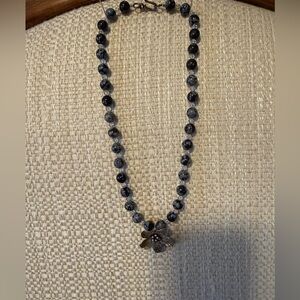 Snowflake Obsidian, Swarovski Crystal and Silver Flower and Clasp Necklace